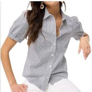 J Crew Factory Puff-Sleeve Striped Button Up Short Sleeve Shirt